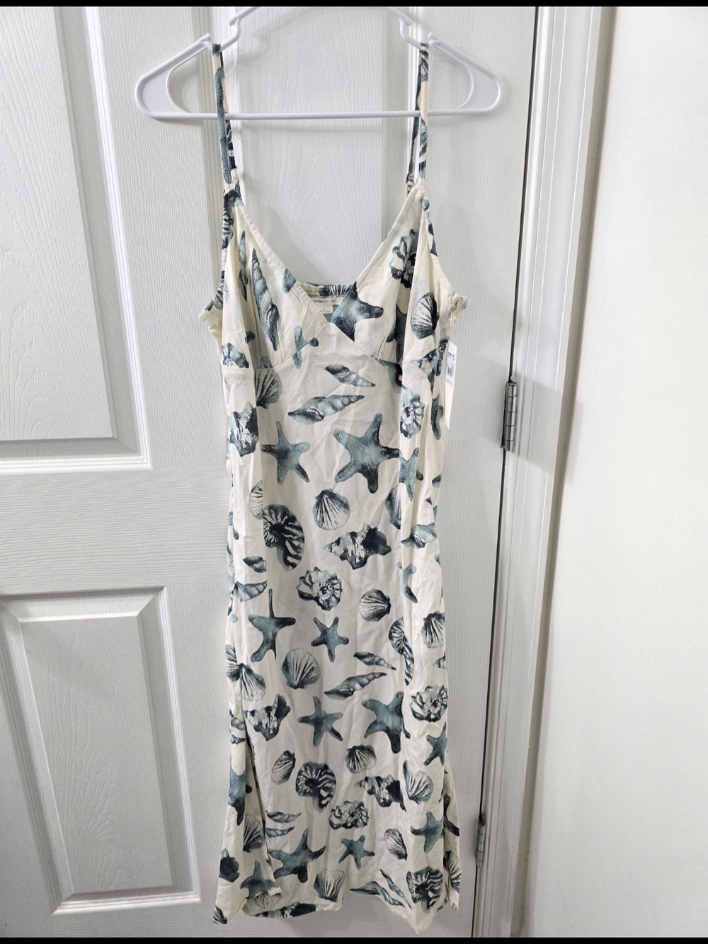 O'Neill Cream Slip Dress with Teal and Navy Shell Print